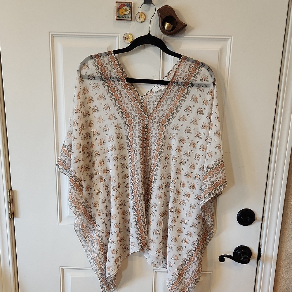 Vince Camuto Floral Sheer Top with Orange and Gray